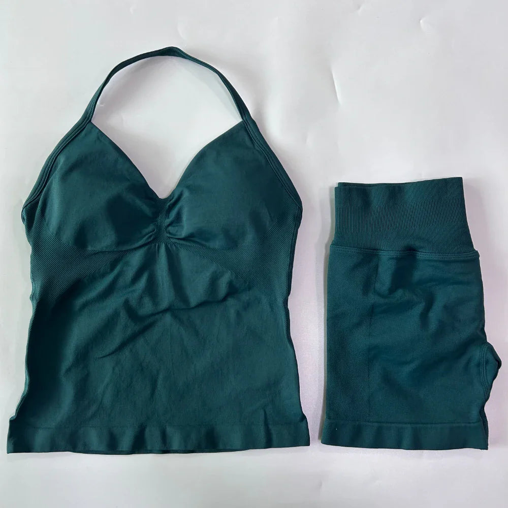 2Pcs Gym Set Women Backless Tank Tops High Waist Scrunch Seamless Shorts Gym Suit Fitness Clothes Activewear Workout Set