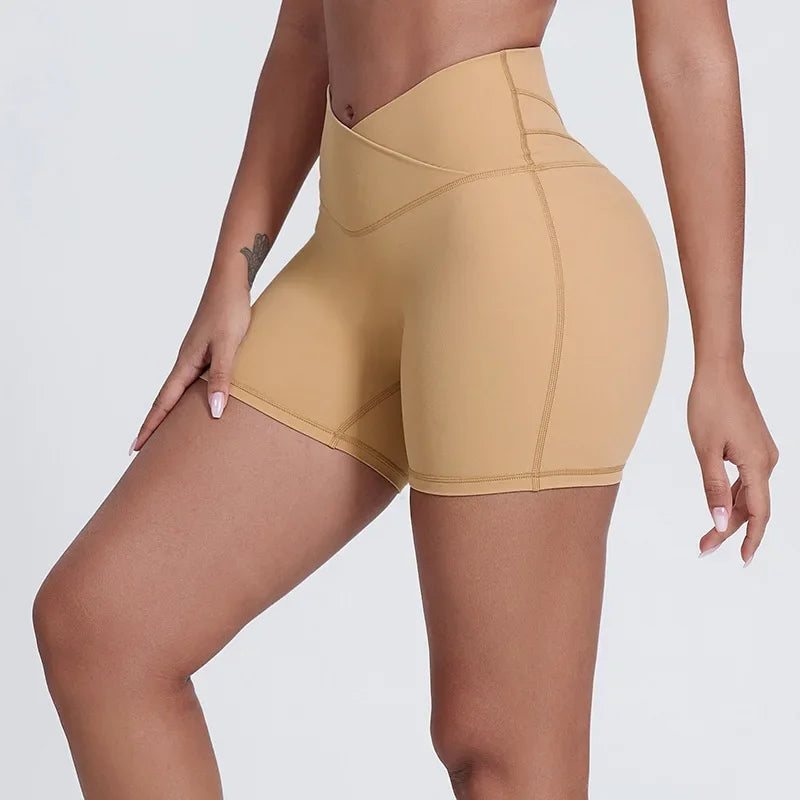 Peach Butt Lift Crossover Waist 4" Gym Shorts High Waist V Yoga Workout Running Shorts