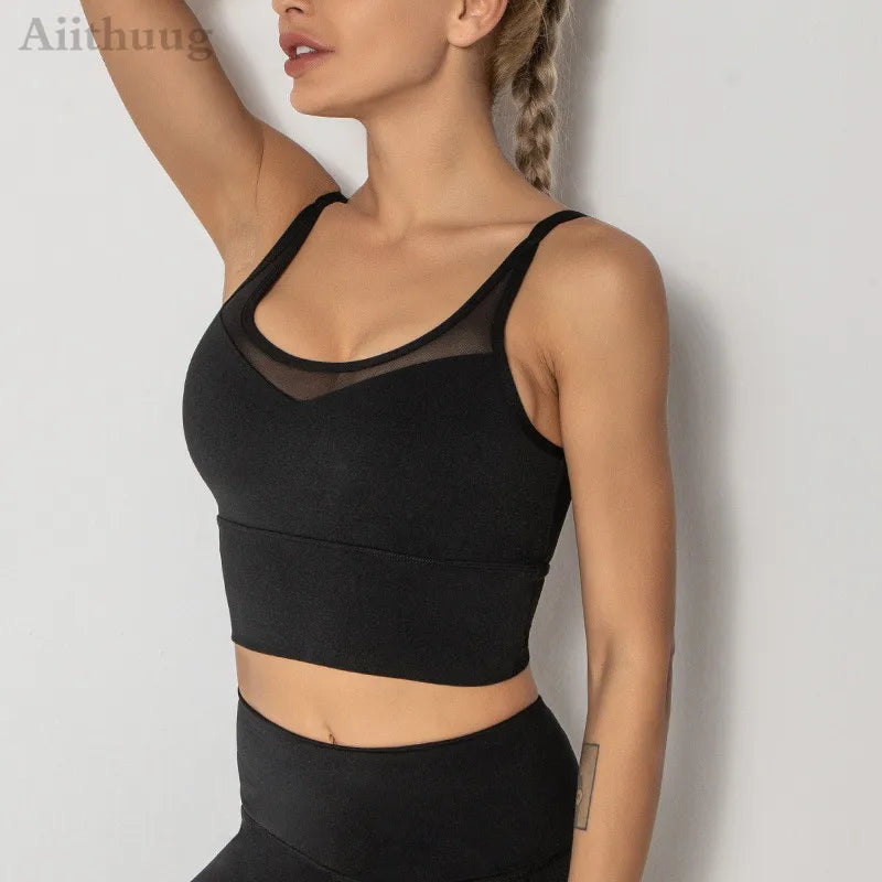 Mesh Breathable Yoga Bra Pilates Crop Bra Yoga Crops Gym Crop Fitness Top Quick Dry Spaghetti Strap Sports Bra