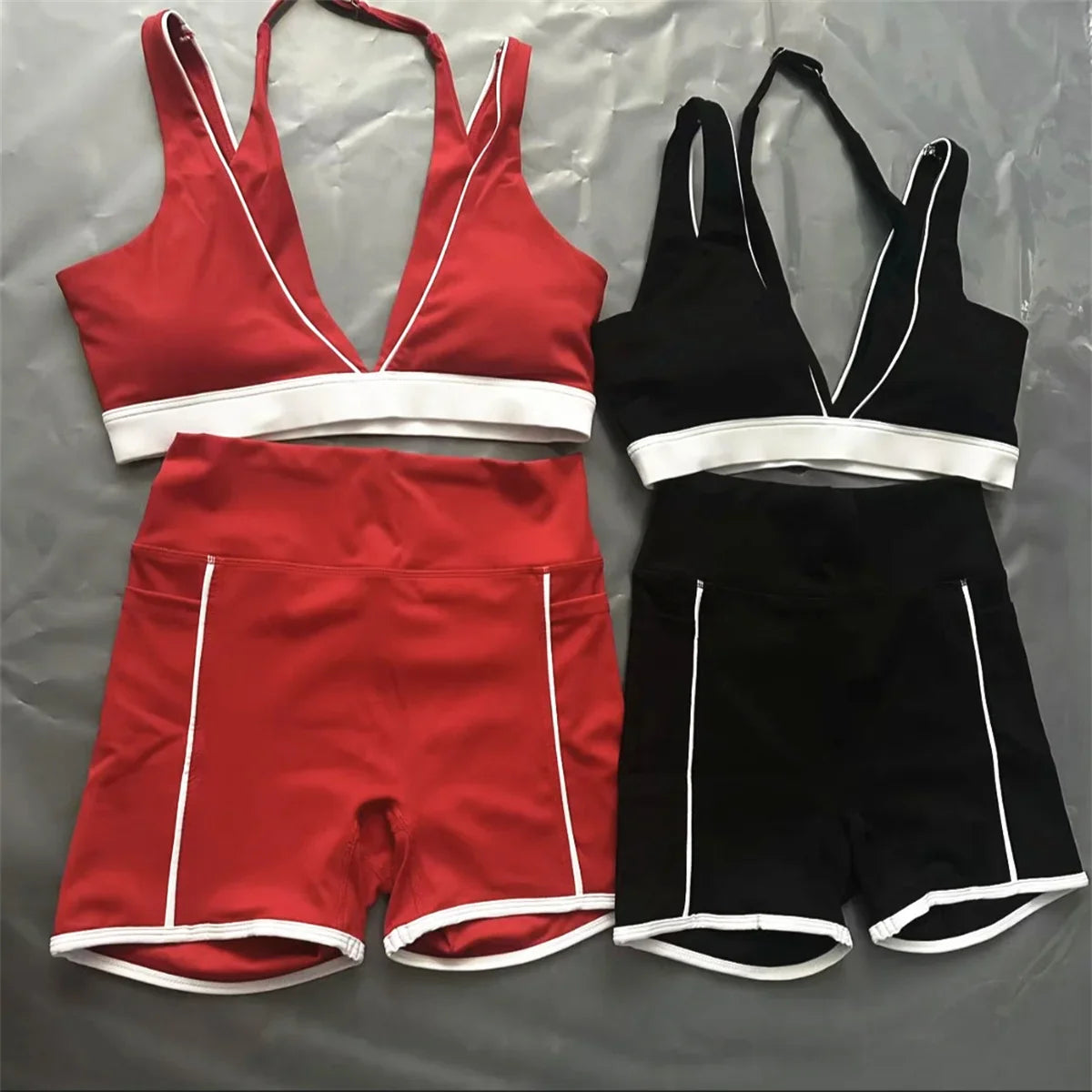 Pad 2PCS Yoga Set Sports Bras V-Neck Halter Pocket Fitness Workout Running Leggings Gym Woman Active Wear Clothing