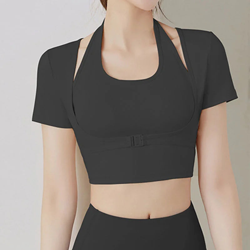 Two Pieces Yoga Shirts Short Sleeve Yoga Crop Tops Build In Cup Gym Crops Gym Shirt Fitness Workout Top Halterneck