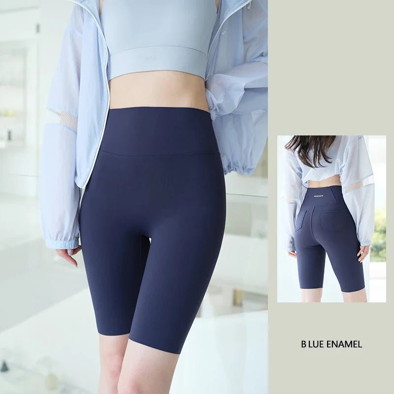 Summer Back Pocket Sharkskin Cycling Shorts Women Cool Knee Length Short Leggings Casual Elastic Sport Biker Shorts