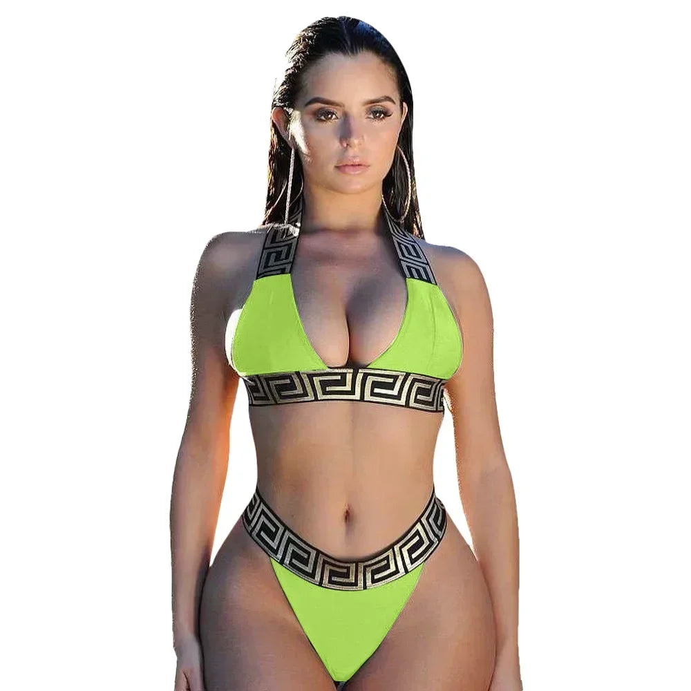 Print Black Push Up Bikini Two Pieces Set Women Swimwear Bandage Halter Swimsuit Bathing Suit