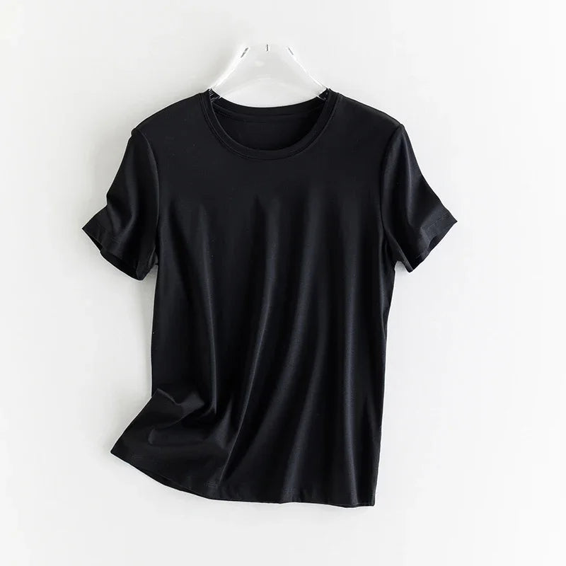 10% Silk & Mercerized Cotton Women T-shirt Luxury Tee Short Sleeve Silky Feeling Summer Wear Tops V / O-neck