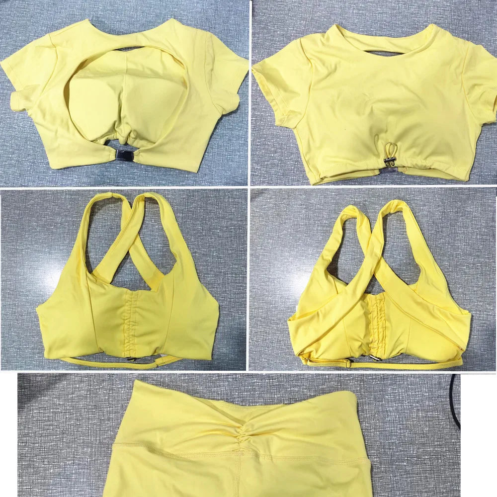 2PCS Pad Gym Shorts Sleeve Shirt Women Yoga Set Sport Outfit Running Tights Fitness Tracksuits Shorts Activewear