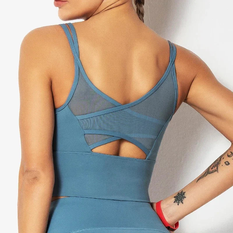 Mesh Breathable Yoga Bra Pilates Crop Bra Yoga Crops Gym Crop Fitness Top Quick Dry Spaghetti Strap Sports Bra