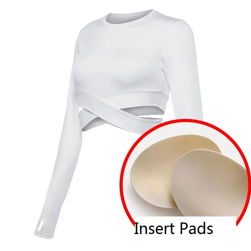 Long Sleeve Crop Tops Yoga Shirts Gym Shirt Women Fitness Workout Tops Slim Fit Top Cross Waist Design