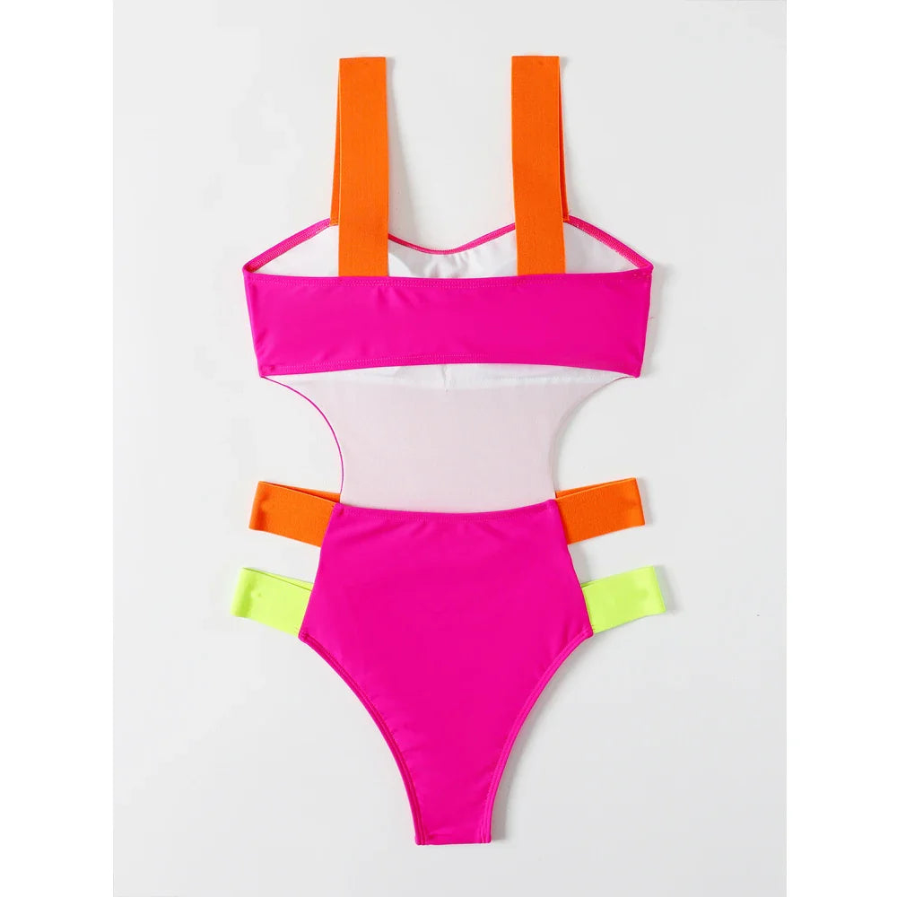 Hot Pink Color Block One-piece Swimsuit Women Neon Swimwear