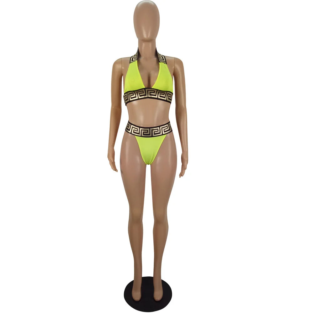 Print Black Push Up Bikini Two Pieces Set Women Swimwear Bandage Halter Swimsuit Bathing Suit