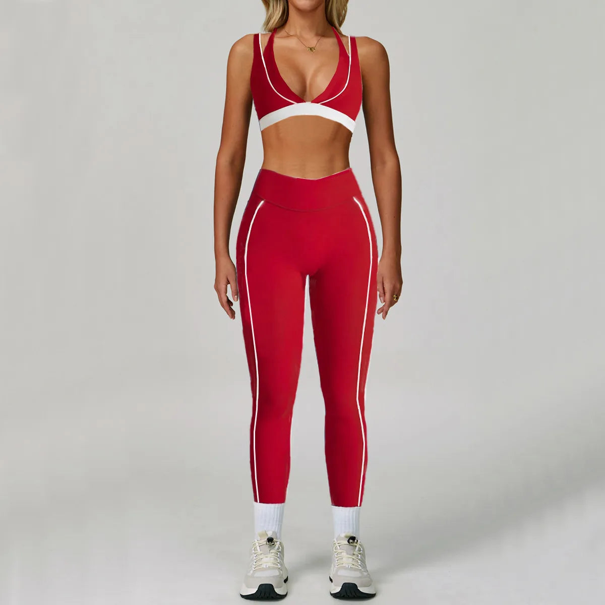 Pad 2PCS Yoga Set Sports Bras V-Neck Halter Pocket Fitness Workout Running Leggings Gym Woman Active Wear Clothing