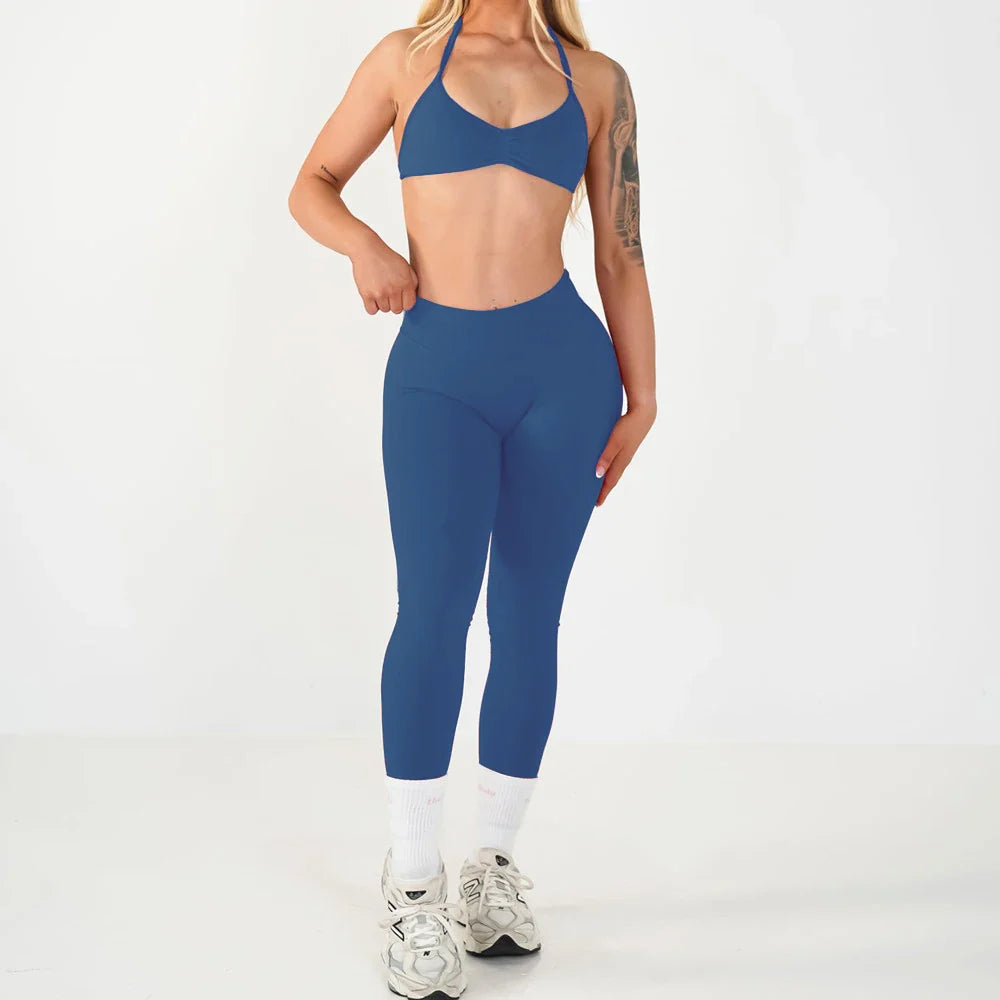 2PCS Seamless Yoga Set Women Workout Scrunch Leggings Strappy Sports Bra Fitness Gym Clothing Workout Set XP389