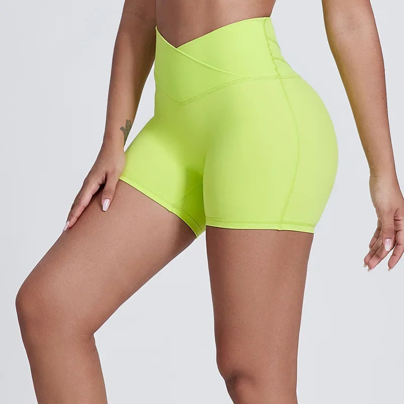Peach Butt Lift Crossover Waist 4" Gym Shorts High Waist V Yoga Workout Running Shorts