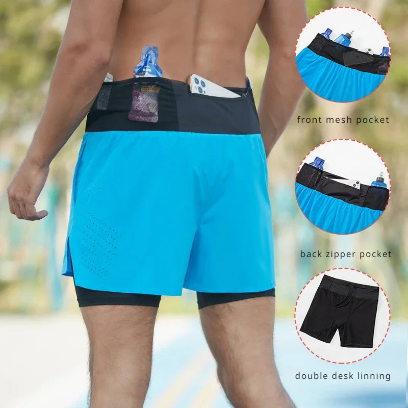 Double-deck Outdoor Marathon Basketball Running Men's Gym Fitness Run Shorts Quick Drying Pocket Training Jogging Workout Shorts