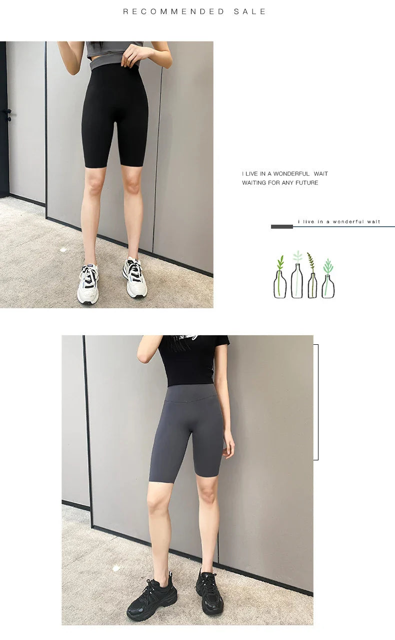 BIVIGAOS Summer Basic Cycling Shorts Women Casual Sharkskin Knee Length Short Legging High Waist Tight Sport Running Biker Short