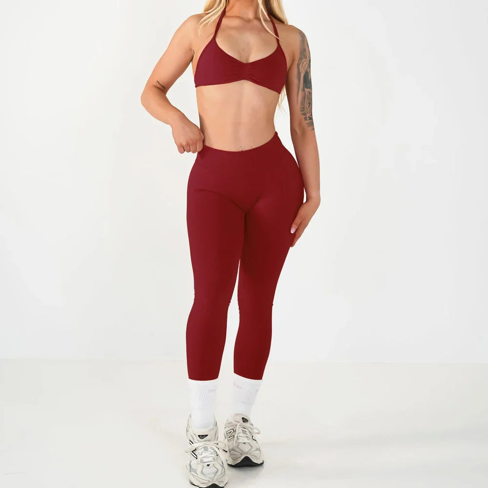 2PCS Seamless Yoga Set Women Workout Scrunch Leggings Strappy Sports Bra Fitness Gym Clothing Workout Set XP389