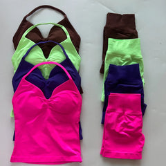 2Pcs Gym Set Women Backless Tank Tops High Waist Scrunch Seamless Shorts Gym Suit Fitness Clothes Activewear Workout Set