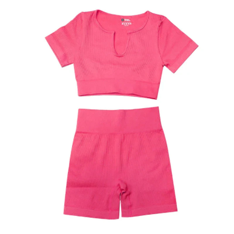 Ribbed Yoga Clothing Sets Women High Waist Shorts Short Sleeve Two Piece Set Seamless Tracksuit Fitness Workout Outfits Gym Wear