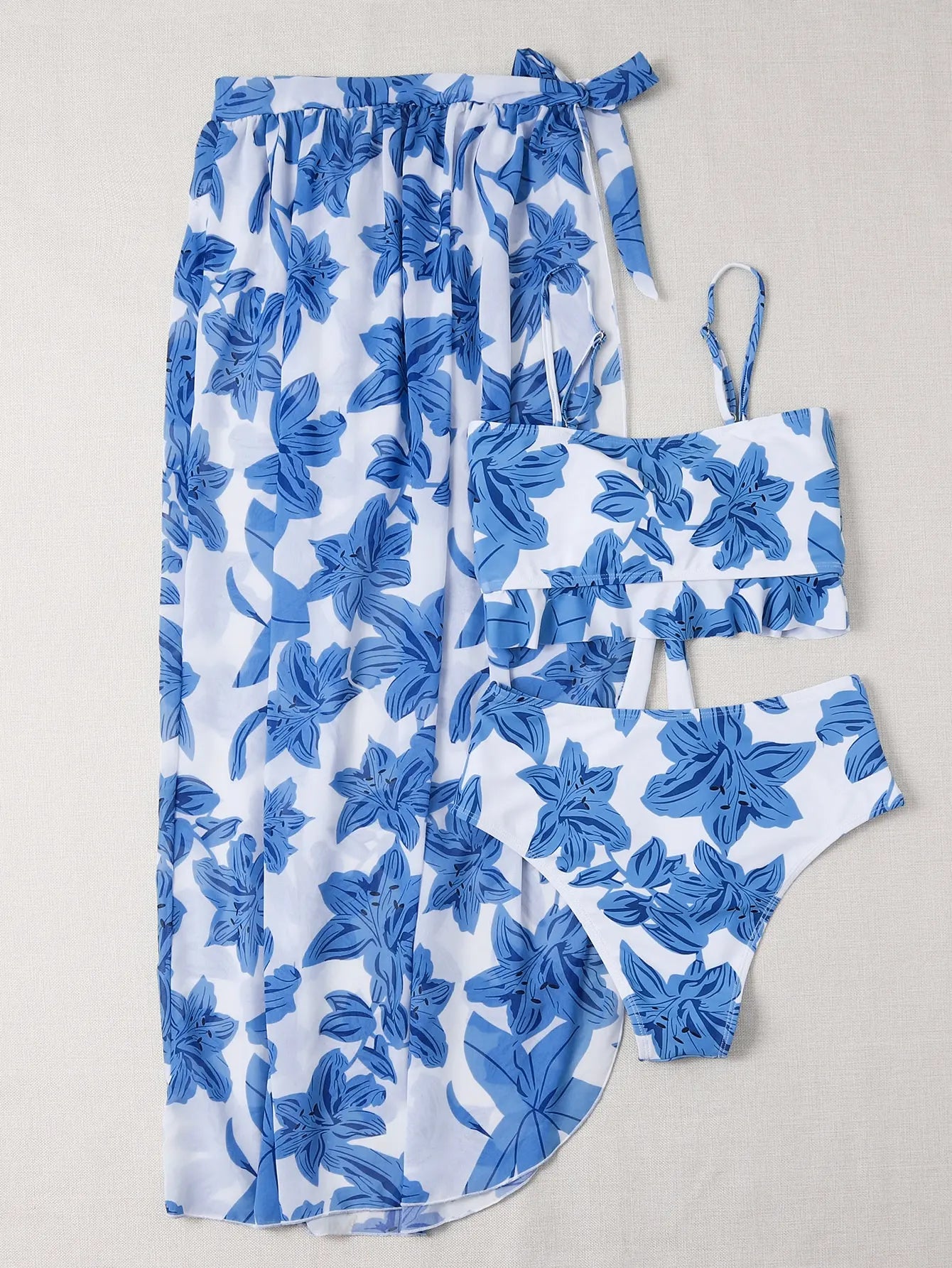 3 Pieces Floral Print Knot Front Bikinis Women Ruffle Swimwear Female High Waist Swimsuit With Beach Skirt Bathing Suit
