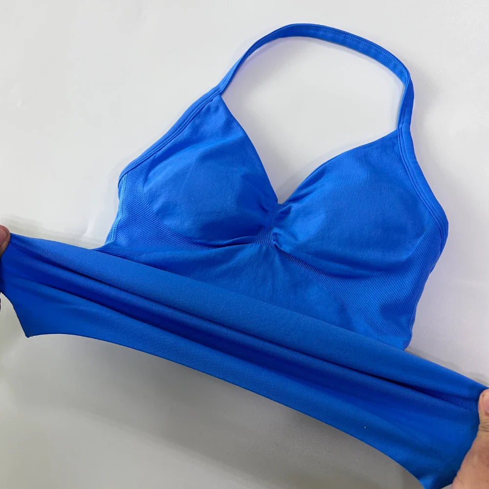 2Pcs Gym Set Women Backless Tank Tops High Waist Scrunch Seamless Shorts Gym Suit Fitness Clothes Activewear Workout Set