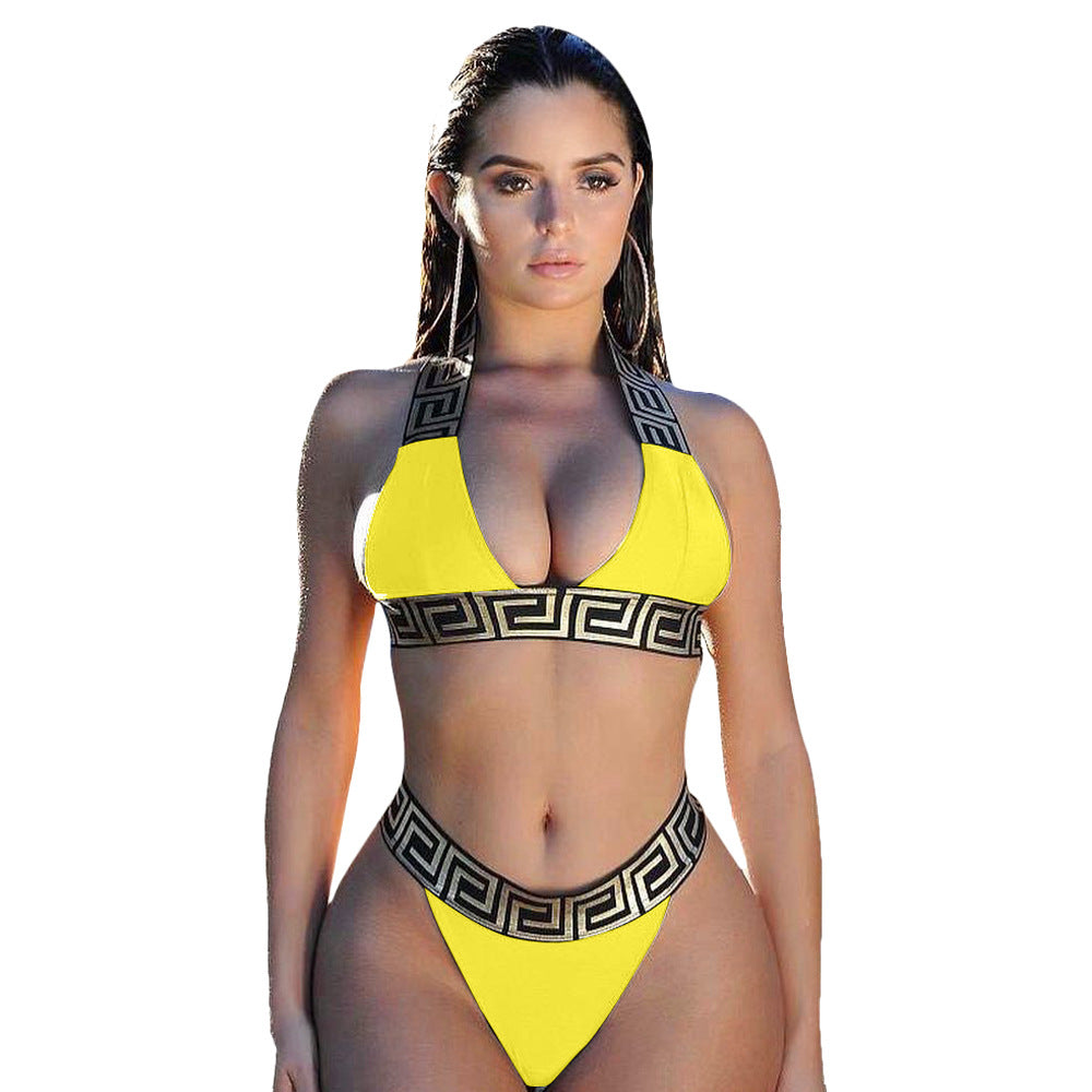 Print Black Push Up Bikini Two Pieces Set Women Swimwear Bandage Halter Swimsuit Bathing Suit