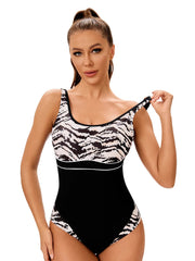 Black & White Print One Piece Swimsuit Women's Patchwork Monokini  U-neck Suspender Backless Beach Vacation Swimwear