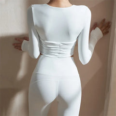 2Pcs Pad Yoga Sets Women Long Sleeve Tops Shirts High Waist Leggings Anti Shorts Skorts Fitness Workout Pant Active Wear