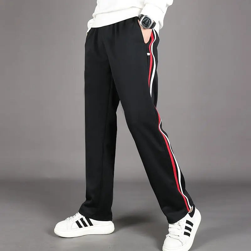 Red White Stripes Casual Sports Pants Solid Elastic Waist Pockets Durable Breathable Straight Trousers