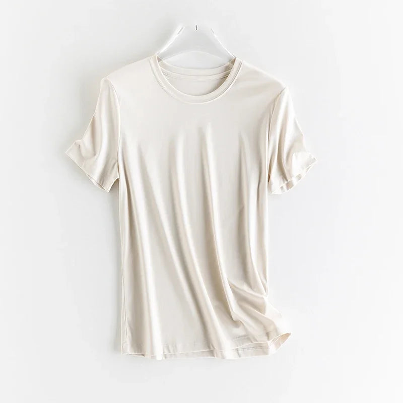 10% Silk & Mercerized Cotton Women T-shirt Luxury Tee Short Sleeve Silky Feeling Summer Wear Tops V / O-neck