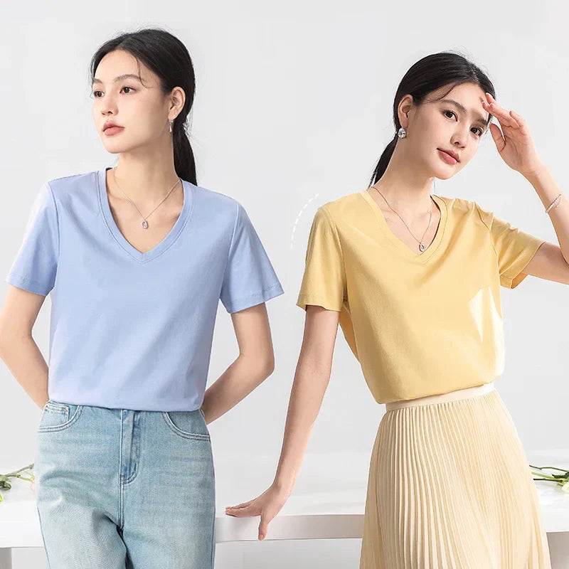 10% Silk & Mercerized Cotton Women T-shirt Luxury Tee Short Sleeve Silky Feeling Summer Wear Tops V / O-neck