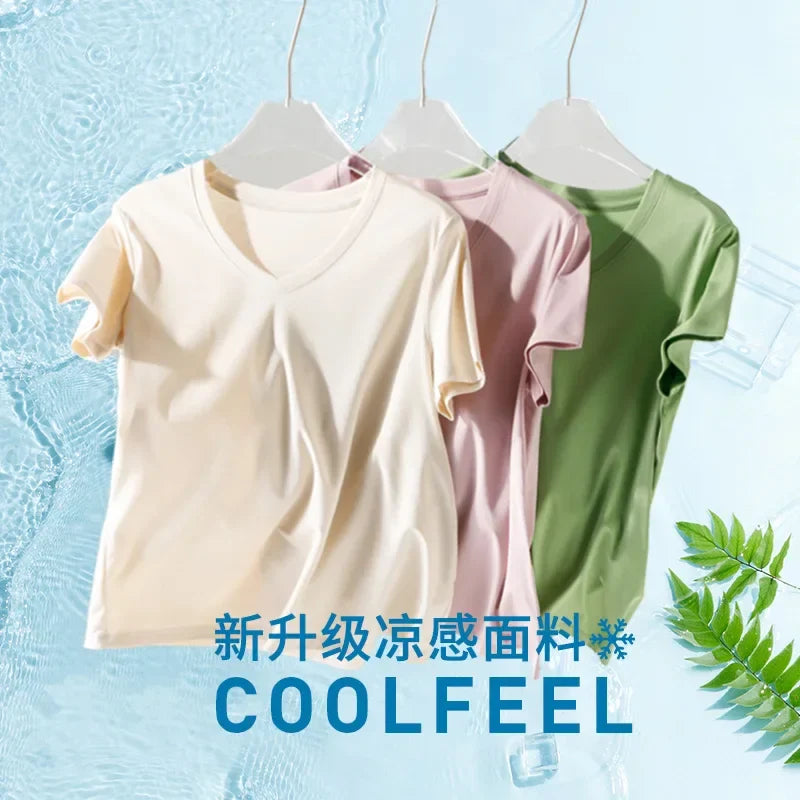 10% Silk & Mercerized Cotton Women T-shirt Luxury Tee Short Sleeve Silky Feeling Summer Wear Tops V / O-neck
